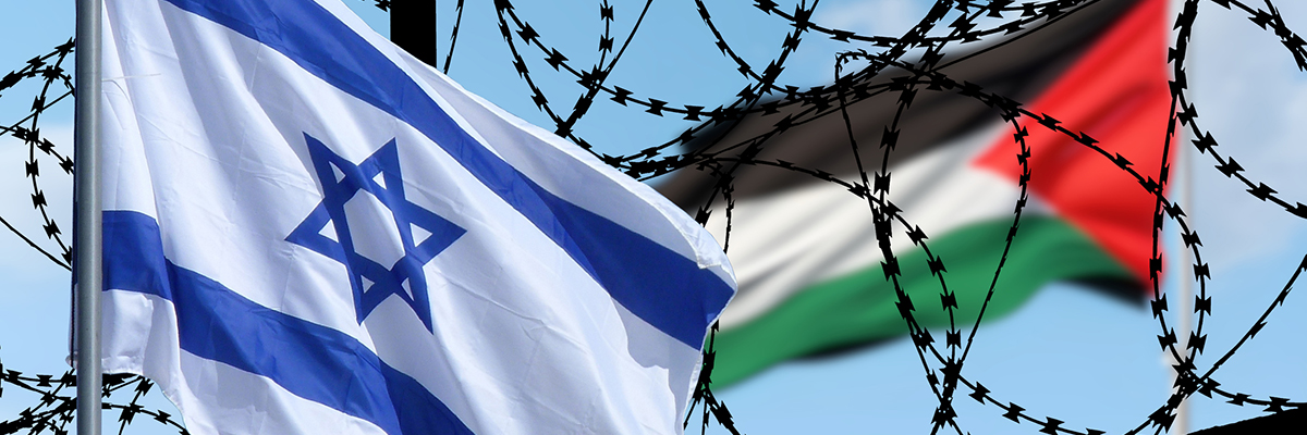 Israel Palestine flags barbed wire BANNER