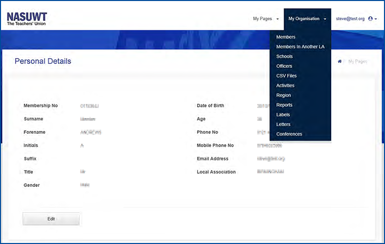 e-Membership My Organisation Menu