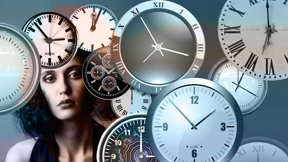 Woman stress white clocks time workload