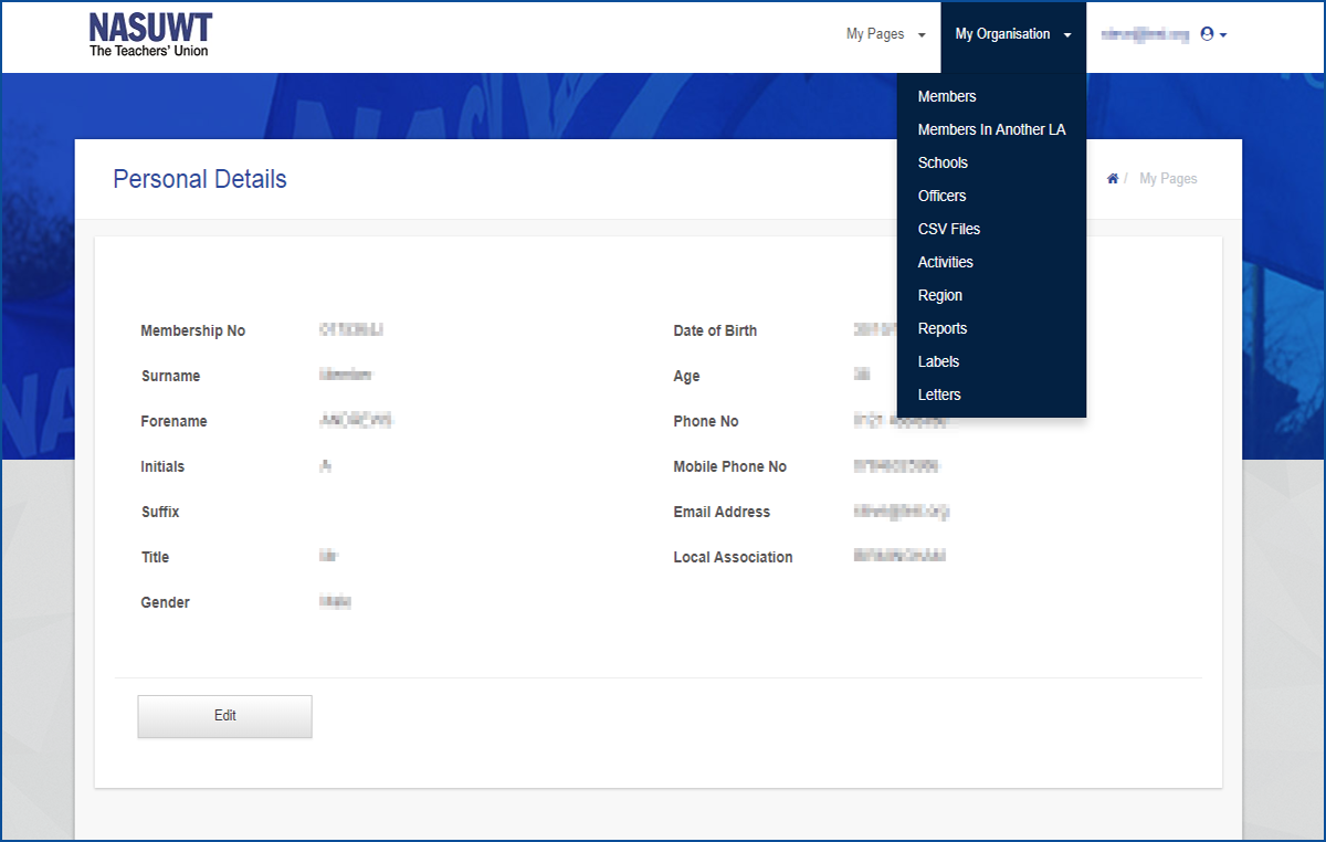e-Membership My Organisation Menu